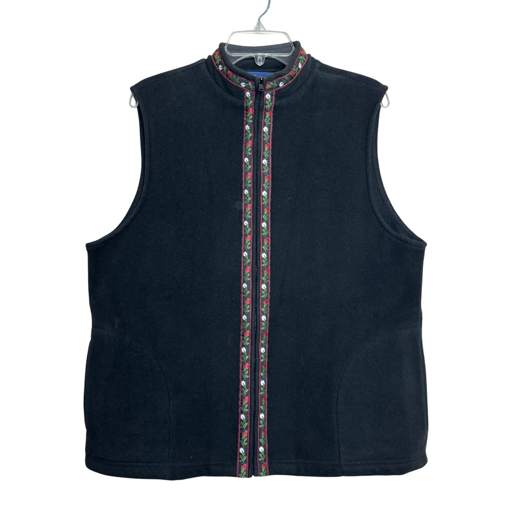 Susan Graver Womens Fleece M Vest‎ Black Floral Embroidered Trim Cottage Granny